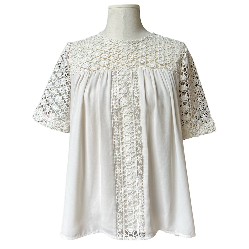 Ann Taylor Babydoll Cream Colored Lacey Short-Sleeved Blouse - Size Small